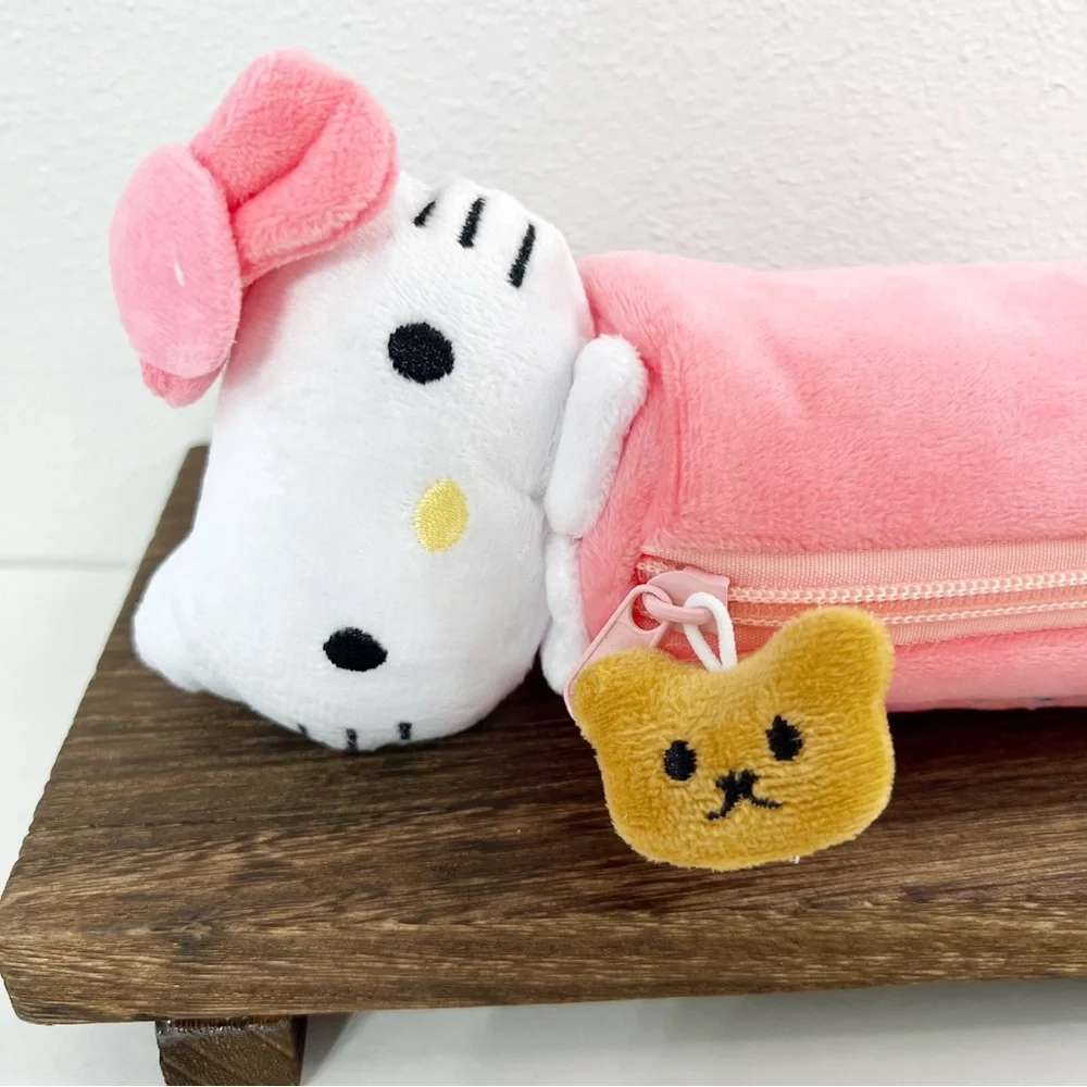 Hello Kitty Plush Pencil Case – Pink Soft Zipper Pouch with Bear Charm
